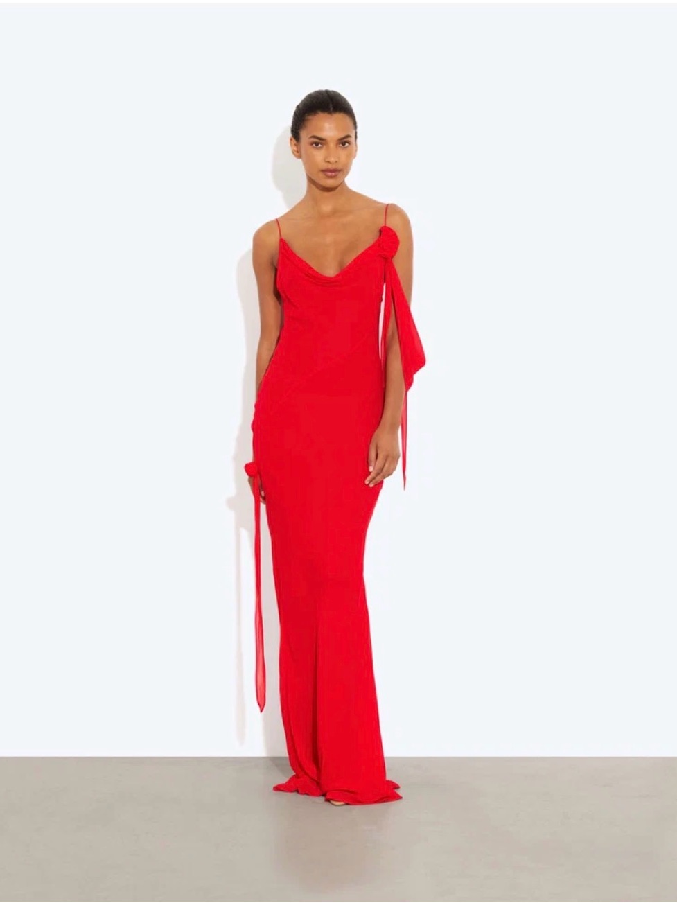 Red Cowl Neck Evening Dress With Shoulder Tie